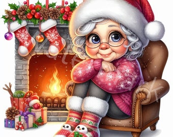 Christmas Grandma Clipart: Watercolor Fireplace Graphics (Digital Download)