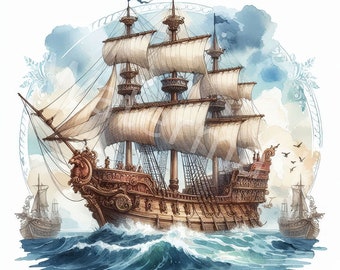 May include: A detailed watercolour painting of a large, ornate sailing ship with billowing white sails. The ship is sailing on a blue ocean with whitecaps. The ship is surrounded by a decorative frame.