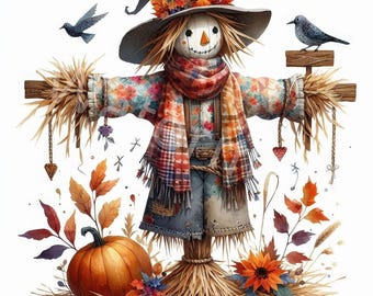 Imágenes prediseñadas de espantapájaros en acuarela: Gráficos de otoño (Descarga digital)