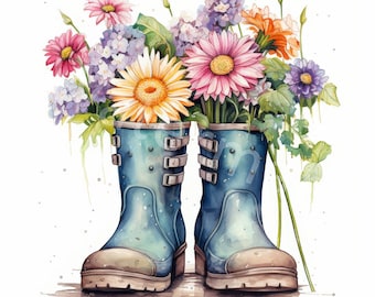 May include: A pair of blue rain boots with a bouquet of colorful flowers, including pink, yellow, and purple, arranged inside. The boots are sitting on a brown surface.