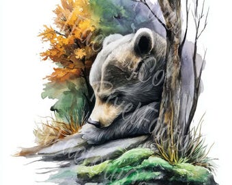 水彩クマのクリップアートバンドル：森の動物イラスト（JPGデジタル
