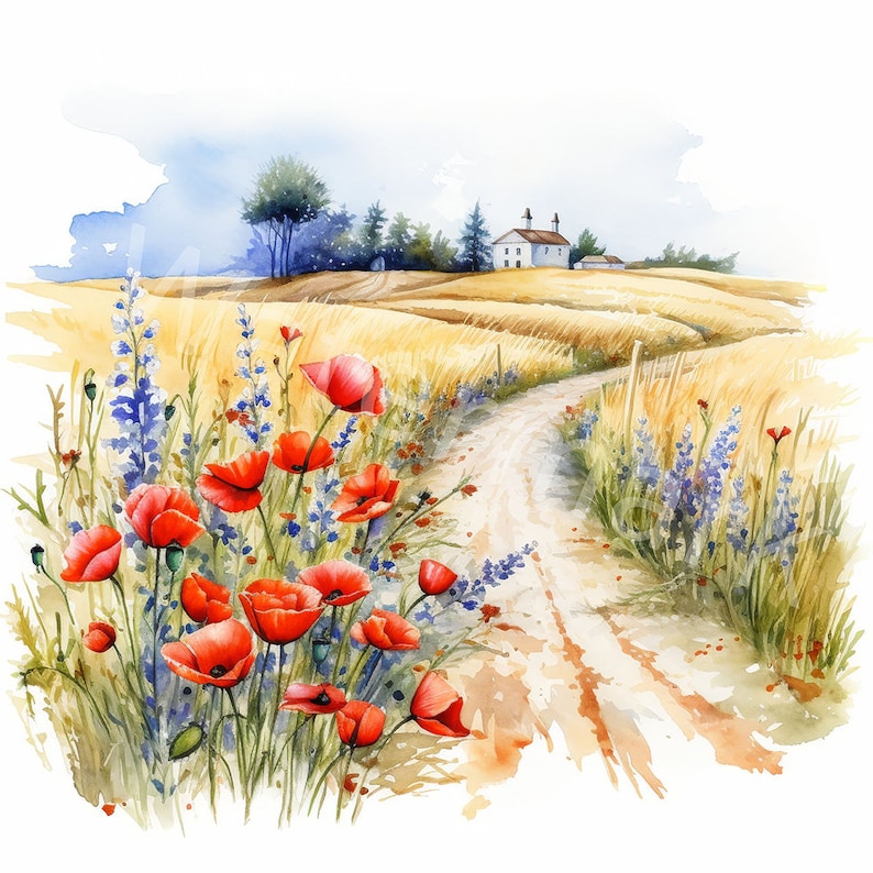May include: A watercolor painting of a rural landscape with a dirt road leading to a white farmhouse. The foreground features a field of red poppies and blue wildflowers.