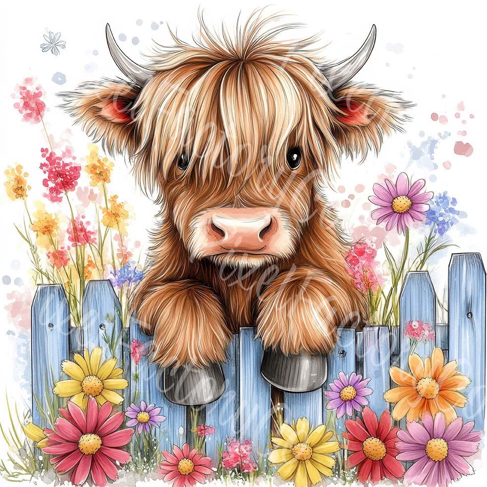 Floral Highland Cow Clipart: Baby Calf Illustration (digital Download ...