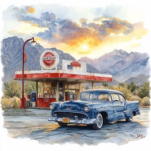 Clipart stazione di servizio americana d'epoca, auto retrò, clipart da parete, creazione di biglietti, diario di spazzatura, libro dei ricordi, scrapbooking, download digitale, 12 JPG