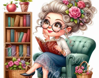 Grandma Librarian Clipart: Vintage Granny Art, Scrapbooking (Digital Download 12 JPGs)