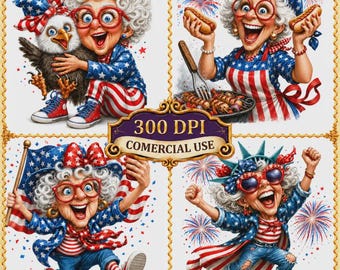 Funny Grandmother Independence Day Clipart Set Digital Download Scrapbooking Junk Journal Cards 13 JPG