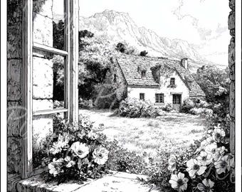 Vintage Cottage Window Clipart Rustic Landscape Floral Art  Cards Junk Journal Digital Download 12JPG