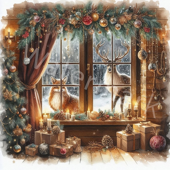 水彩画のクリスマスウィンドウクリップアート：キツネ、鹿、木