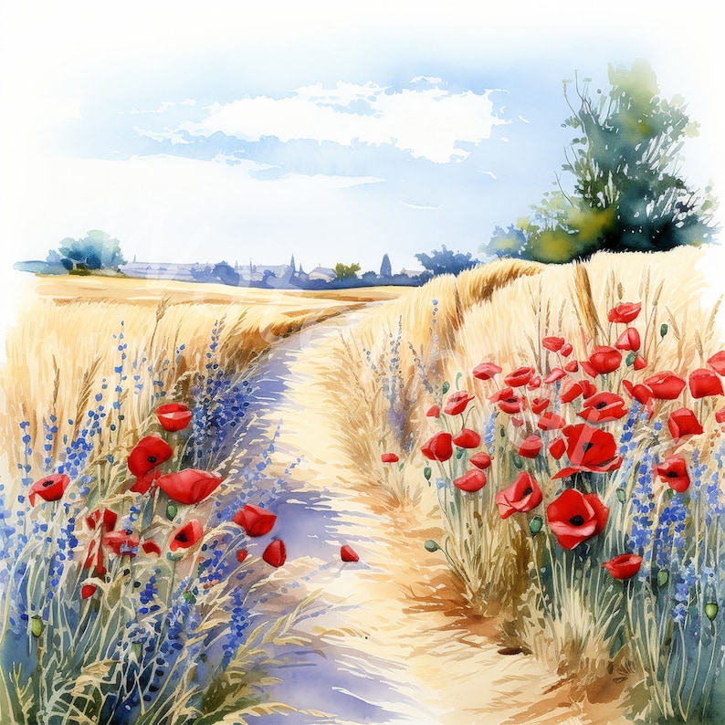 May include: A watercolor painting of a dirt path leading through a field of wheat with red poppies blooming along the sides. The path is lined with blue wildflowers and the background is a hazy landscape.