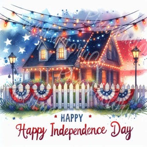 Pacote de clipart de casa patriótica para download digital do Dia da Independência para criação de cartões, scrapbooking, diário, arte para impressão do dia 4 de julho, 16 JPG