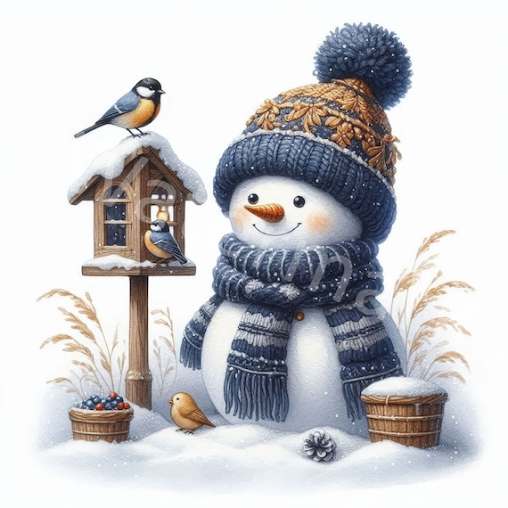 水彩画のクリスマス雪だるまクリップアート：冬の風景（デジタル