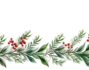Watercolor Christmas Border Clipart: Mistletoe & Berries (Digital Download)