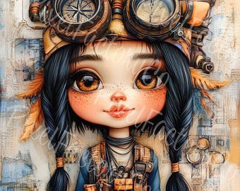 Steampunk Girl Clipart: Vintage Art Printables (Digital Download, 11 JPGs 4096x4096 px )