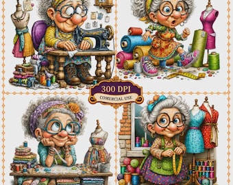 Funny Grandma Seamstress Clipart Bundle Digital Download For Junk Journal Cards 12 JPG