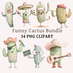 Cactus drôle PNG Clipart Bundle Cactus aquarelle mignon personnages cow-boy professeur Pirate mexicain Kawaii PNG pour enfants cartes artisanat décor