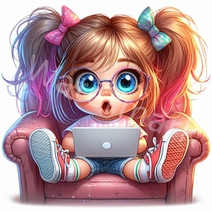 Quirky Girl With Laptop Clipart, 12 JPG, Crazy Girl, Children's Illustrations, Kids Clipart, Card, Craft Paper, Scrapbooks, Digital Download