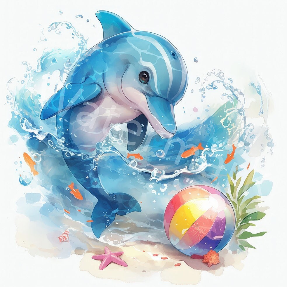 水彩画のイルカの赤ちゃんのクリップアート：デジタルイラスト（JPG