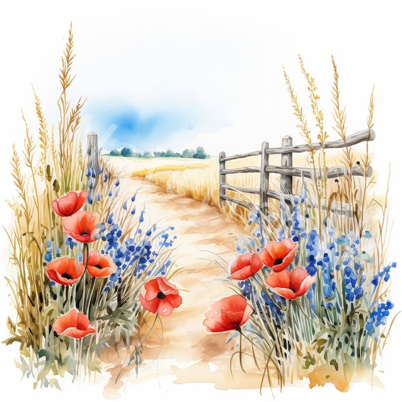 May include: Watercolor painting of a rural scene with a wooden fence, a dirt path, and red poppies growing along the path. The scene is painted in a soft, romantic style.