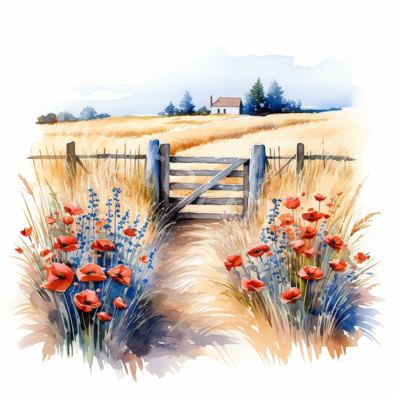 May include: A watercolor painting of a rural scene with a wooden gate leading to a path through a field of wheat. The field is dotted with red poppies and blue wildflowers. A small white house is visible in the distance.