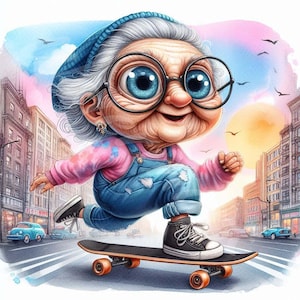 Clipart divertente della nonna sullo skateboard, download digitale, vecchia signora pazza, donna eccentrica, artigianato di carta digitale, diario di spazzatura, album di ritagli, 12 JPG