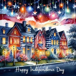 Casas patrióticas decoradas para o Dia da Independência, download digital para scrapbook, criação de cartões, diário, arte para impressão do dia 4 de julho, 16JPG
