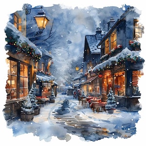 Noël rue aquarelle Clipart 12 JPG paysage d'hiver des cliparts Art mural carte faisant des autocollants Sticker en téléchargement numérique Junk Journal Scrapbooks