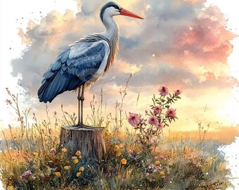水彩コウノトリのクリップアート：鳥のイラスト、デジタルペーパー