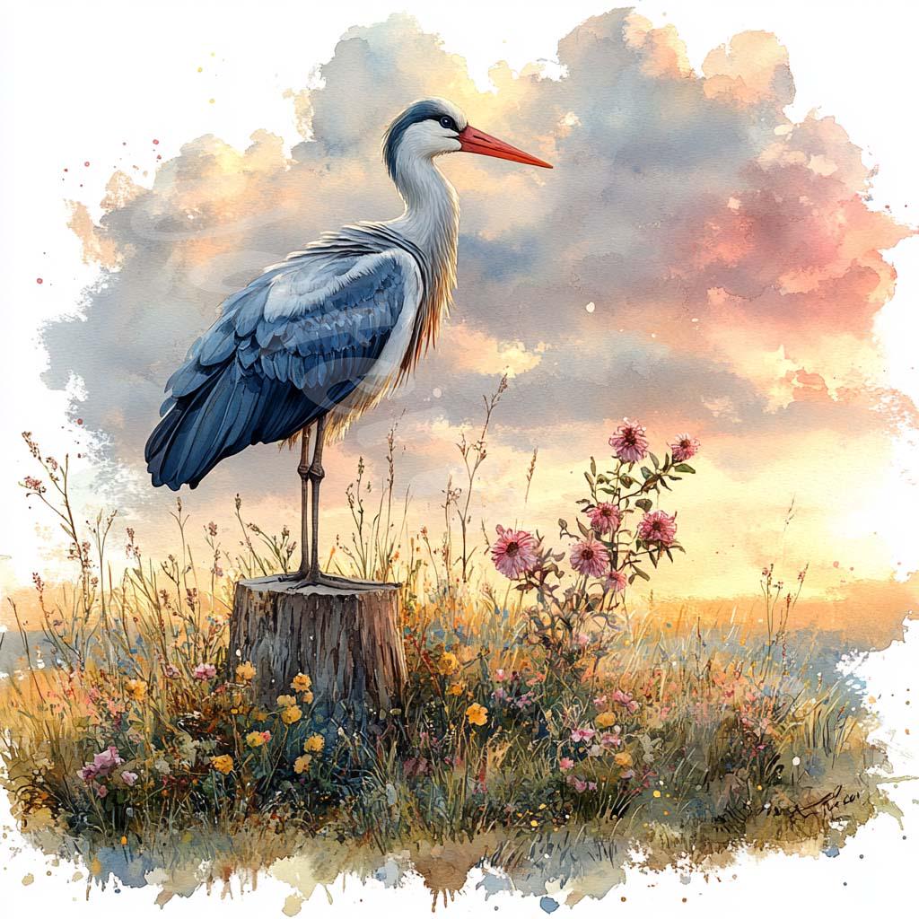 3羽のコウノトリ 水彩画風 アート 水彩コウノトリのクリップアート：鳥のイラスト、デジタルペーパー
