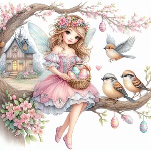 Fée maison Pâques Clipart jolie fille de printemps avec oiseaux et panier d'oeufs JPG téléchargement numérique pour les impressions art mural cartes artisanat 12 JPG