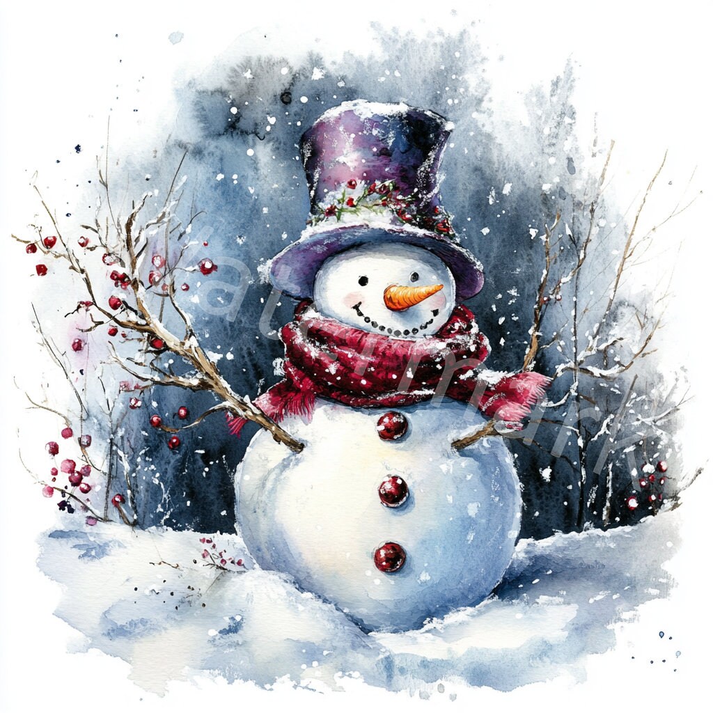 ヴィンテージ水彩雪だるまクリップアート：クリスマスの冬の風景