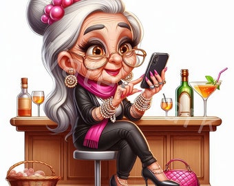 Funny Grandma Watercolor Clipart: Cheerful Senior Ladies (Digital Download)