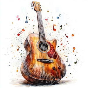 Könnte beinhalten: Ein Aquarellbild einer Akustikgitarre mit braunem Holzkörper und hellbraunem Holzgriff. Die Gitarre ist von bunten Musiknoten umgeben.