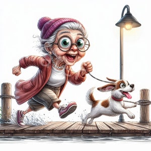 Clipart Crazy Old Lady, 12 JPG, mensen illustraties, oma met hond, vrouwen graphics, Junk Journal, Digital Paper Crafts, Digitale download