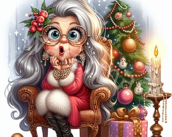 クリスマスおばあちゃんのクリップアート：面白い年配女性のイラスト