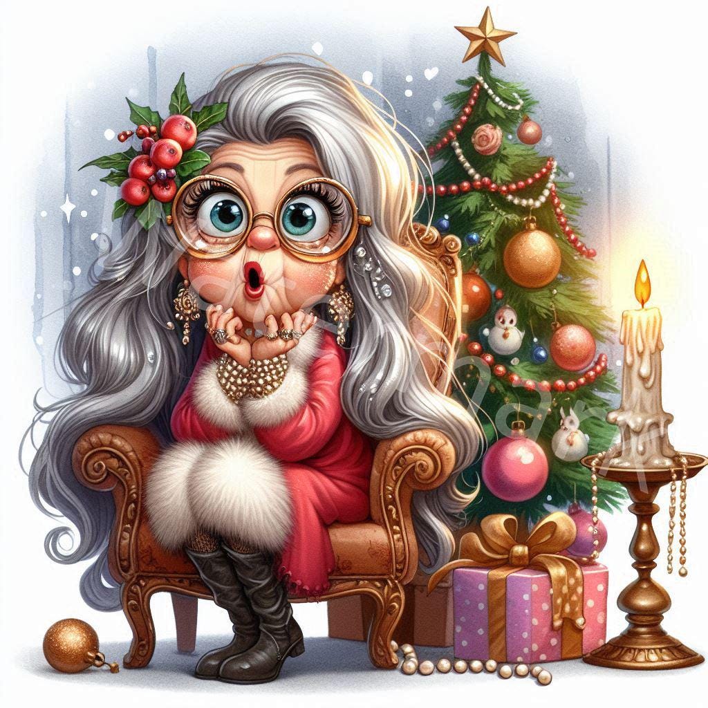 クリスマスおばあちゃんのクリップアート：面白い年配女性のイラスト