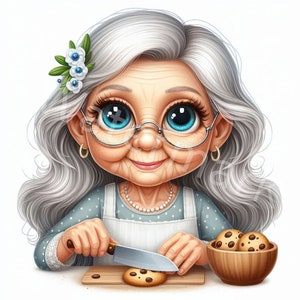 K&ouml;nnte beinhalten: Eine Cartoon-Illustration einer Frau mit grauem Haar, die eine Brille und eine blau-wei&szlig;e Sch&uuml;rze tr&auml;gt, ein Schokoladen-Chip-Cookie mit einem Messer schneidet. Neben ihr steht eine Holzsch&uuml;ssel mit weiteren Cookies.