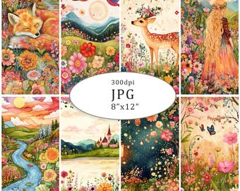 Watercolor Floral Animals Landscape Clipart Set Digital Download For Junk Journal Pages Scrapbooking 20JPG