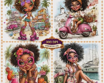 Black Travel Girl Clipart Bundle Digital Download For Junk Journal Scrapbooking Cards Collection