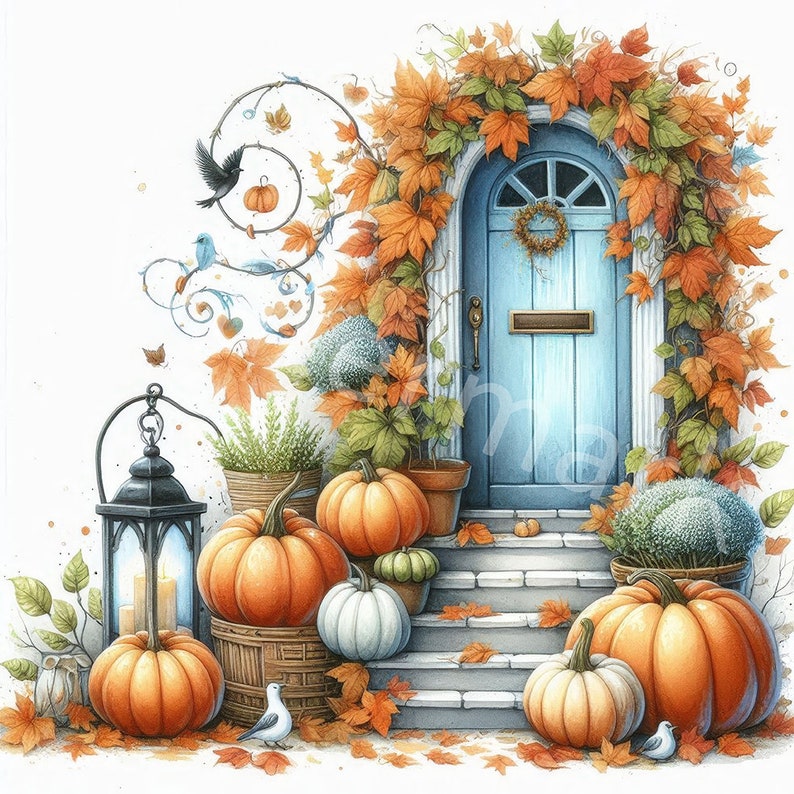 Autumn Door Clipart, 12 JPG, Digital Download, Autumn Landscape Clipart