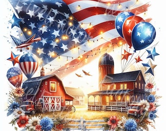Fourth of July Barn Clipart: Patriotic Farmhouse Art (Digital Download, 15 JPGs