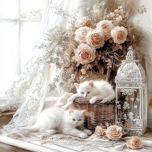May include: Two white kittens are nestled in a wicker basket, surrounded by a bouquet of delicate white and cream roses. The kittens are looking at the camera with curious eyes. A white birdcage with intricate details sits on a table next to the basket.