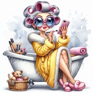 Funny Grandma Bathroom Clipart Digital Files JPG Cute Granny Selfcare Art Old Lady Spa Clip Arts for Cards Scrapbooking Stickers Whimsical