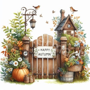 Peut inclure: Une porte en bois avec une pancarte indiquant "Happy Autumn" est entourée d'une végétation luxuriante et de fleurs. Un petit chalet avec une horloge sur le côté est visible en arrière-plan. Une citrouille se trouve au premier plan.