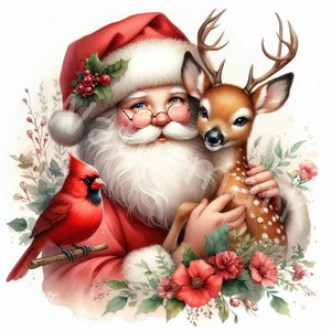 May include: Santa Claus with a white beard and red hat is holding a small brown and white spotted deer. A red cardinal bird is perched on a branch to the left of Santa. The background is a watercolor painting of green leaves and red flowers.