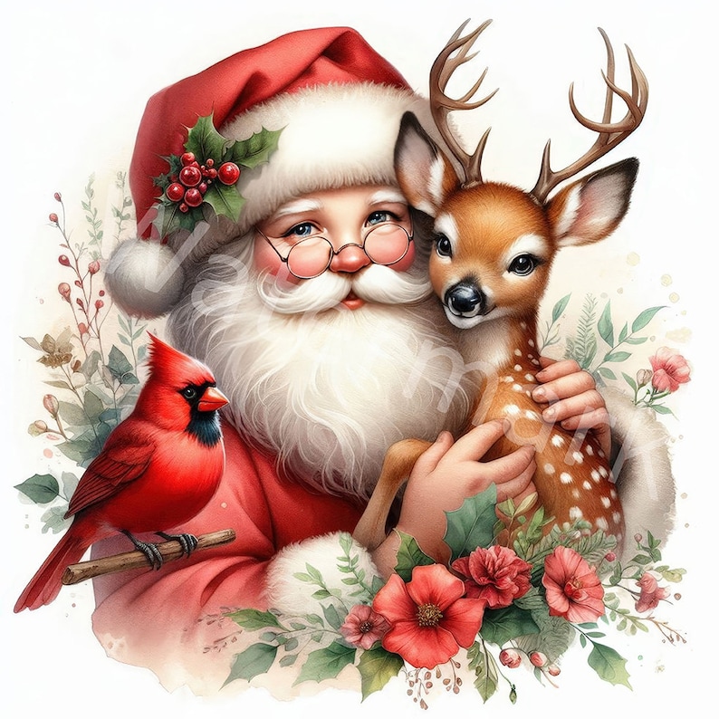 May include: Santa Claus with a white beard and red hat is holding a small brown and white spotted deer. A red cardinal bird is perched on a branch to the left of Santa. The background is a watercolor painting of green leaves and red flowers.