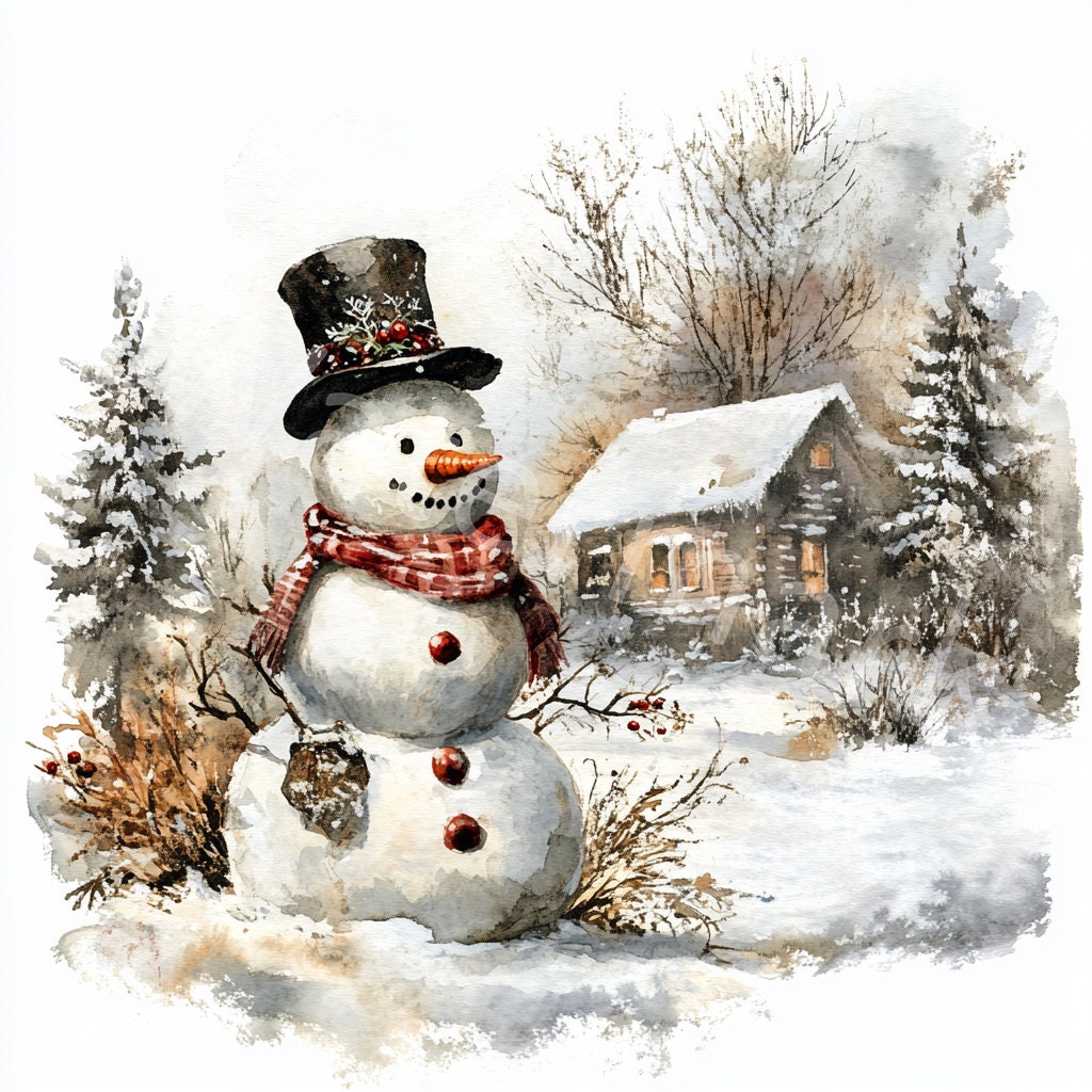 ヴィンテージ水彩雪だるまクリップアート：クリスマスの冬の風景
