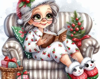 May include: Watercolor illustration of a woman in Christmas pajamas and a Santa hat, reading a book on a striped couch. She wears glasses and bunny slippers. A small Christmas tree and wrapped gifts are nearby.