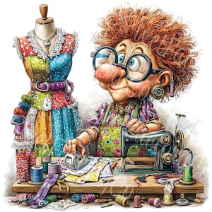 Puede incluir: Una ilustración de una persona con cabello rojo rizado y gafas grandes usando una máquina de coser sobre una mesa de madera. A su lado hay un maniquí que lleva un vestido de retazos colorido con un cinturón morado y adornos de encaje.