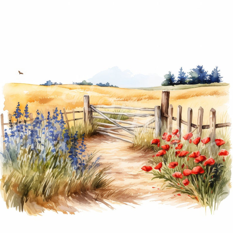 May include: A watercolor painting of a rustic wooden gate leading to a dirt path through a field of wheat. The gate is open and there are blue flowers on the left side of the path and red poppies on the right.