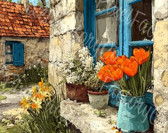 French Cottage Window Flower Clipart Rustic Village Scrapbooking Cards Junk Journal Digital Download 12JPG